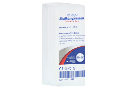 Mullkompressen 5x5 cm unsteril 8fach – PZN 4525917 (PZN 4525917)