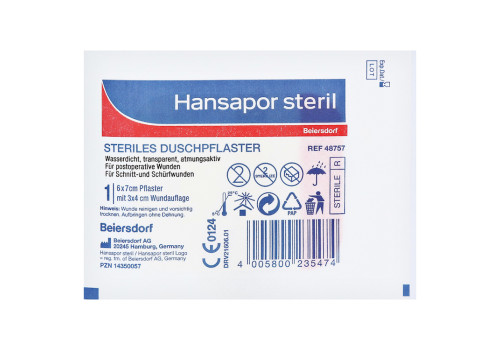 HANSAPOR steril Duschpflaster 6x7 cm – PZN 14350057 (PZN 14350057)